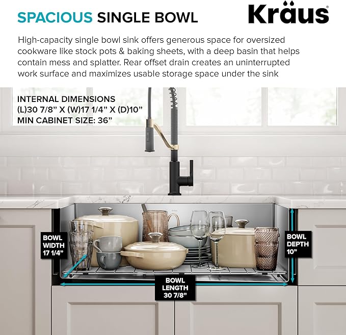 KRAUS Standart Pro 33-Inch Flat Apron Front Farmhouse 16-Gauge Single Bowl Stainless Steel Kitchen Sink, KHF410-33