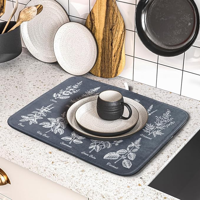 Flower Herbs Dish Drying Mat Wild Plant Dish Rack Mat with Hanging Loop Fast Dry Dish Drainer Pad for Kitchen Counter Sink 16x18 Inch