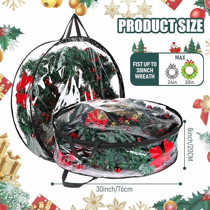 Shappy 14 Pieces Christmas Wreath Storage Container 30 Inch Wreath Plastic Storage Bags with Dual Zippers and Handles for Xmas Thanksgiving Holiday Artificial (Clear,Black)