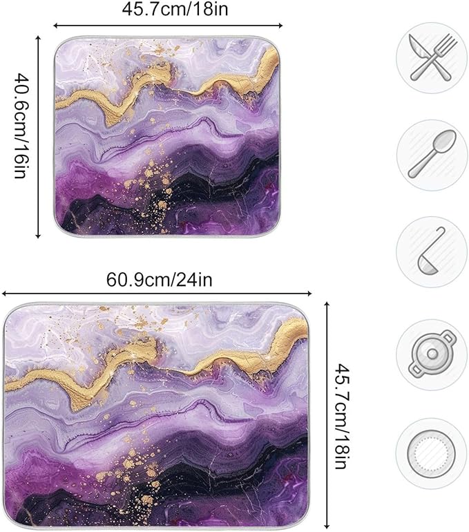 Marble Purple Gold Dish Drying Mat for Kitchen Countertop 16x18 Tie Dye Rectangle Small Drying Mat Reusable Quick Dry Dish Sink Absorbent Mats Dishwasher Easy Clean Decorative Home Decor Essentials