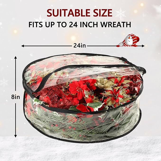 4 Pcs Christmas Wreath Storage Bag, 24 Inch Clear Black Edging Xmas Wreath Storage Container, Garland Holiday Artificial Wreath Storage Holder, Water Proof Transparent PVC with Handles