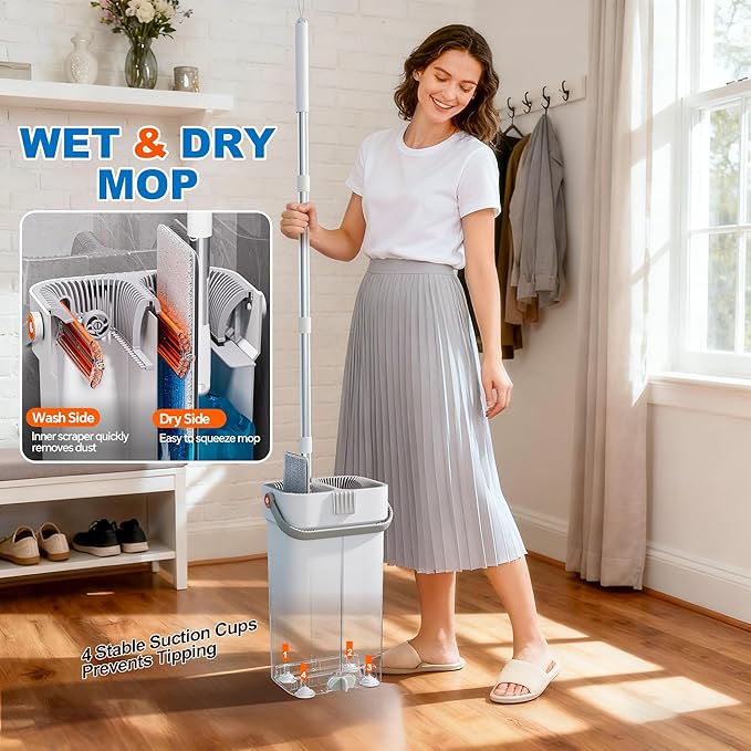 CTIME Large Mop and Bucket Set, Flat Mop and Bucket System, Wall Mop with Adjustable Handle (Max 74 Inches), Mops for Floor Cleaning, 6 Washable 15.74'' Microfiber Mop Pads