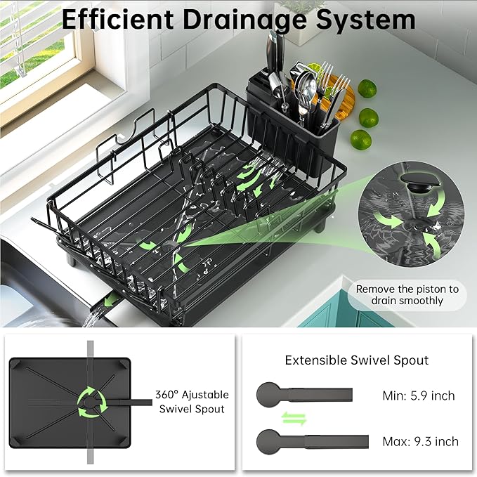 IMXSUMDA Dish Drying Rack, Dish Racks for Kitchen Counter, Detachable Dish Drainer with Drainboard, Utensil Holder, Cup Holder, Space Saving Kitchen Drying Rack for Small Home and Appartment, Black
