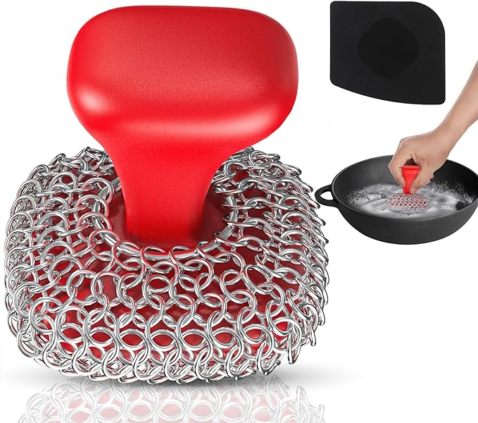 Purgreat Cast Iron Scrubber | Dish Scrub Brush | 316 Cast Iron Cleaner Chainmail Scrubber for Pan Skillet Cleaner - Dish Scouring Pad Dishwasher Safe Cleaning Kit, Red