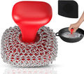 Purgreat Cast Iron Scrubber | Dish Scrub Brush | 316 Cast Iron Cleaner Chainmail Scrubber for Pan Skillet Cleaner - Dish Scouring Pad Dishwasher Safe Cleaning Kit, Red