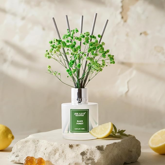 Airkeep Reed Diffuser Set,3.38 fl oz (100 ml) - Black Forest Oil Diffusers with 8 Reed Sticks, Home Fragrance Reed Diffuser for Bathroom Shelf Decor