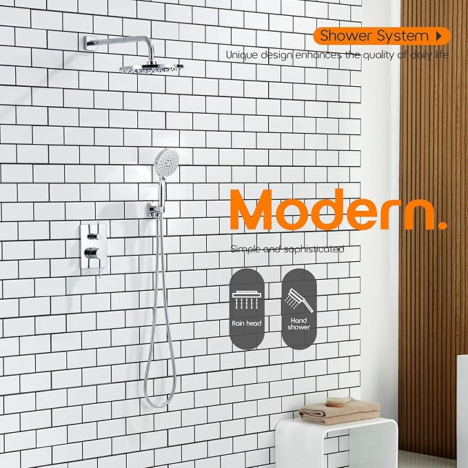 Shower System Set Includes 10-Inch Rainfall Shower Head, 3-Setting Handheld Spray and Pressure Balance Valve, Polished Chrome Wall Mounted SF001CH-D10