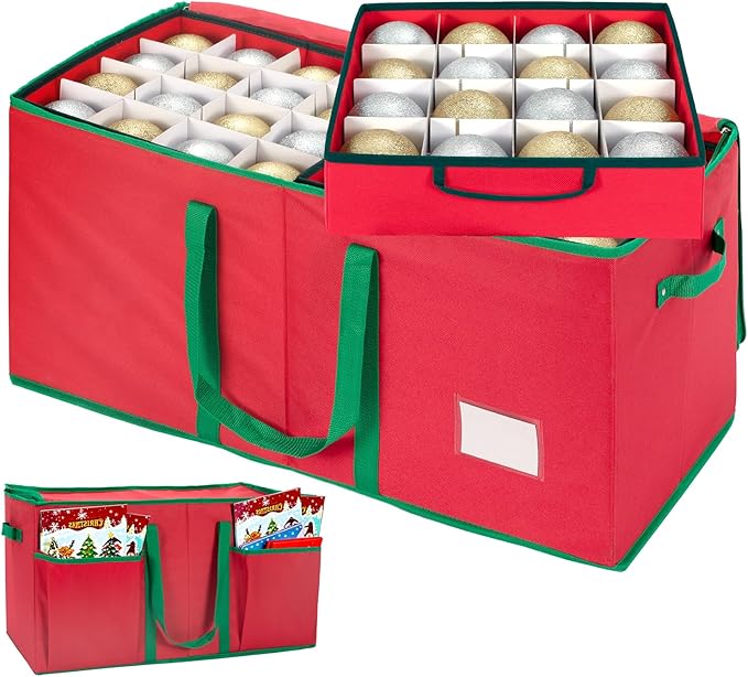inin Christmas Ornament Storage Box with Adjustable Dividers,Christmas Ornaments Organizer with Zippered Top,Storage Container Bin with Side Pockets for Holiday Decorations(128 Ball, Red, with Tray)