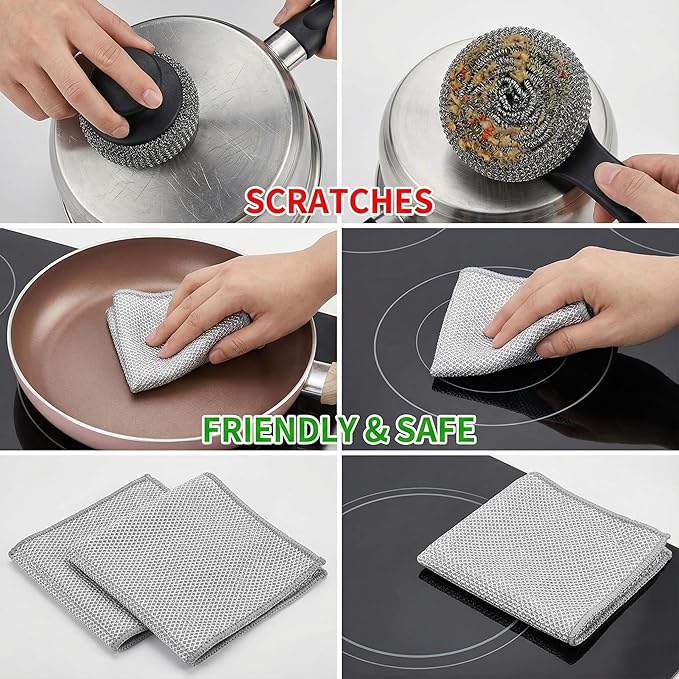 Non Scratch Wire Dishcloth, 12 Pack 7.8x7.8 Inch Wire Dishwashing Rag - Washable & Quick-Drying Cleaning Pads Steel Scrubber for Cookware, Sinks, Dishes, Stove Tops, Multi-Surface Safe