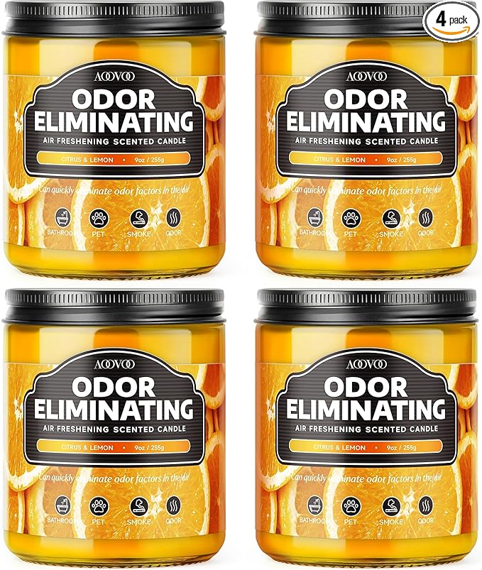 AOOVOO 4 Pack Citrus Lemon Odor Eliminating Highly Fragranced Candle - Eliminates 95% of Pet, Smoke, Food, and Other Smells Quickly, Non Toxic Air Freshing Soy Candle