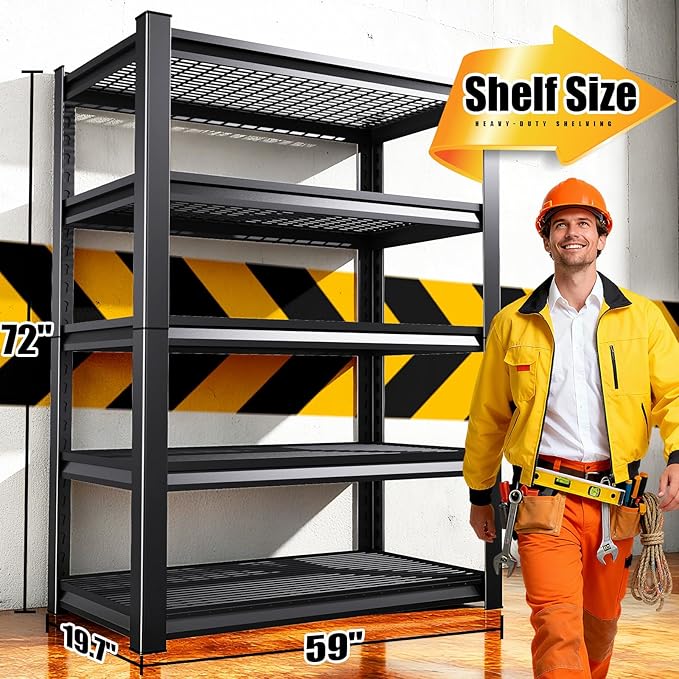 5-Tier 72”H Garage Shelving, Adjustable Garage Shelves, 3000 Lbs Storage Shelves Heavy Duty, Garage Shelf for Tool Organization, Storage Shelves for Basement, Warehouse, Black (72''H×59''W×19.8''D)