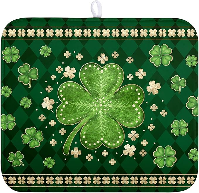 Kwlegh St Patricks Day Drying Mat for Kitchen Counter Shamrock Dish Drying Mats Lucky Clovers Green Plaid Dish Dryer Pad Absorbent Reversible Dish Drainer Rack Mat Kitchen Accessories 16x18 Inch