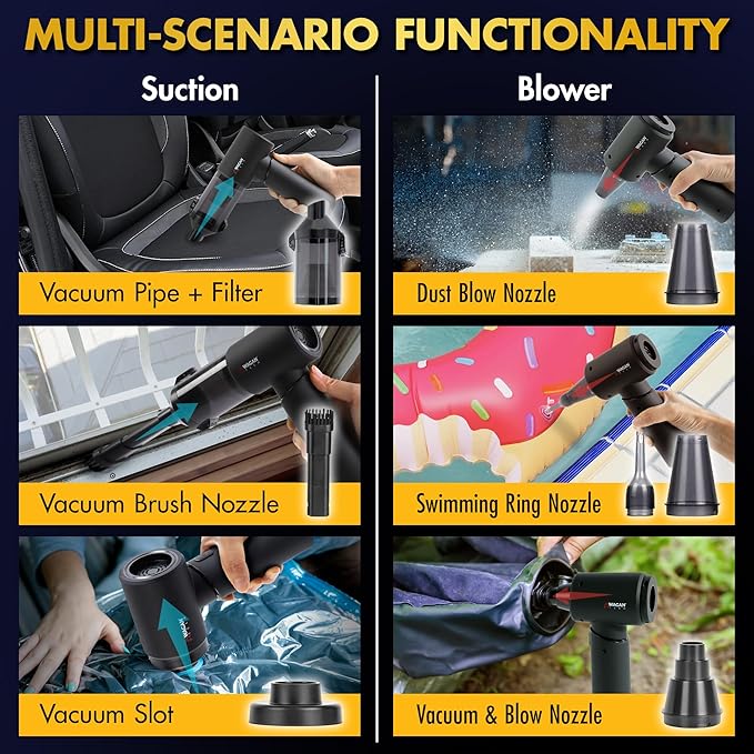 Wagan EL7209 Cordless Car Vacuum with Air Blower, Brushless Motor 16000Pa Strong Suction, Rechargeable Mini Handheld Vacuum Cleaner with USB-C, Portable Dust Cleaner and Blower for Car, Home, Office