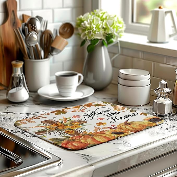 Wnoesat Fall Drying Mat for Kitchen Counter Autumn Thanksgiving Pumpkin Cross Dish Mat Sunflower Maple Leaf Absorbent Microfiber Dish Draining Mat Reusable Dishes Pad Medium 16"x18"