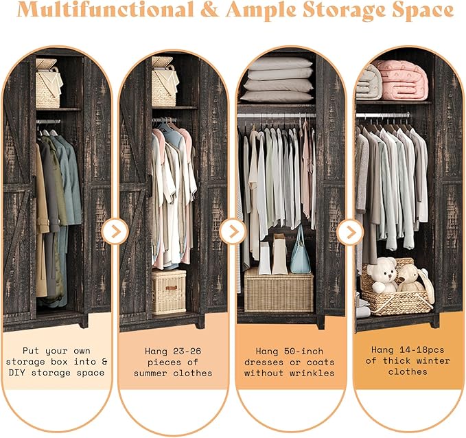 AMERLIFE Farmhouse Armoire Wardrobe Closet with 2 Barn Doors, 71'' Storage Cabinet with Hanging Rod & Shelf, Versatile Clothing Storage for Bedroom, Black Oak