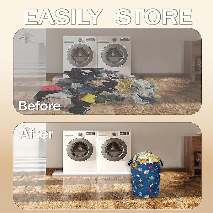 Cartoon Planets Rockets Laundry Hamper,Out Space Clothes Hamper for Laundry,Waterproof Oxford Toy Storage Collapsible Hampers for Bedroom, Dorm Room,Bathroom,16x20 Inch