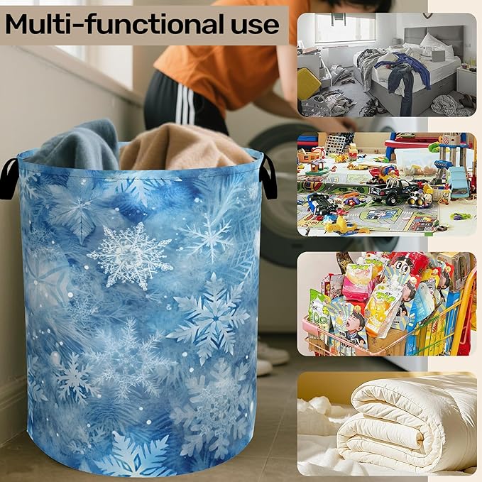 Winter Laundry Basket, Snowflakes Laundry Hamper, Heavy Duty 60L Dirty Clothes Organizer, Water Resistant Foldable Hamper for Men Women
