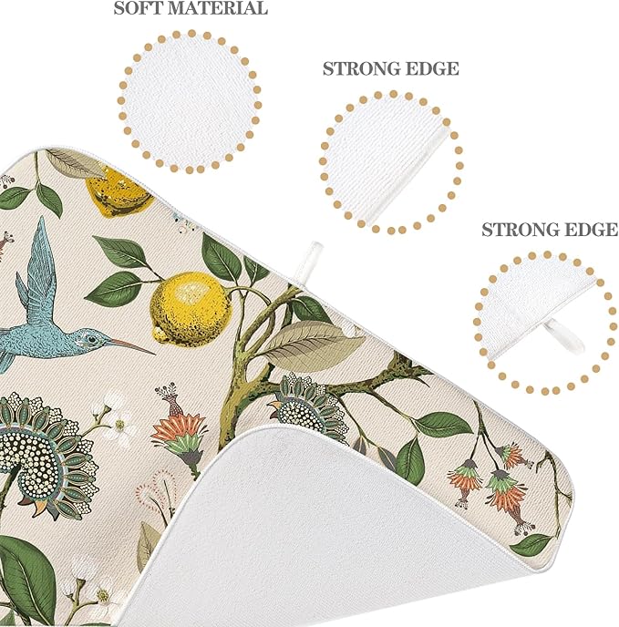Boho Dish Drying Mat 18x24 Inch Vintage Lemon Floral Blue Bird Drying Mat Chinoiserie Flower Spring Summer Seasonal Absorbent Dish Drying Pad Dish Rack Drainer Mats for Kitchen Dining Counter