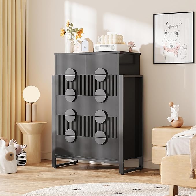 Fluted Dresser for Bedroom with 6 Drawers, 44.5" Tall Chest of Drawers with Raised H Legs and Curved Profile Design, Wood Closet Clothes Storage Organizer for Bedroom, Hallway, Black