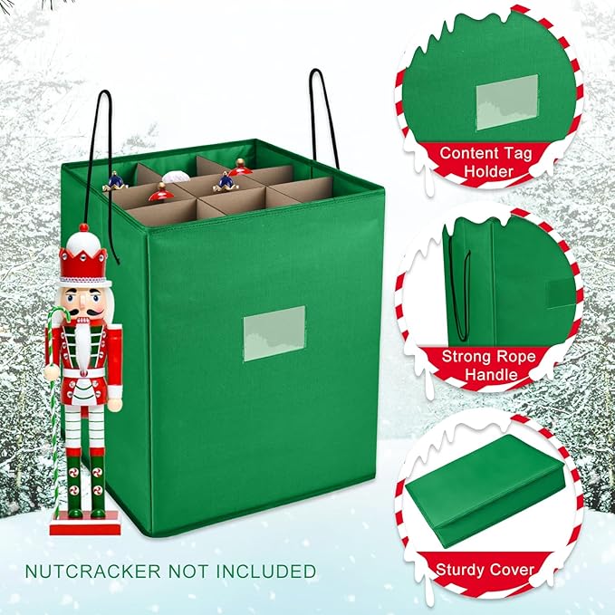 Christmas Nutcracker and Figurine Collectible Storage Box, Fits 9 Holiday Ornaments, Stores Up to 16" Tall Ornaments, Holiday Decor Organizer with Dividers, Nutcracker not Included(Green)
