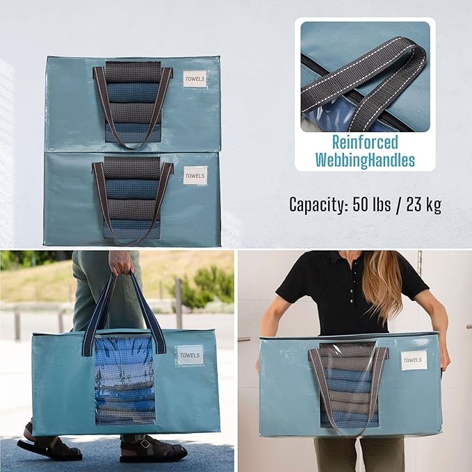 VENO 4 Pack Moving Bags, Christmas Storage Bins, Moving Boxes Alternative, Comforter and Blanket Storage Bags, College Dorm Packing Supplies, Foldable Heavy-Duty Tote (Shiny Light Blue, 4 Pack)