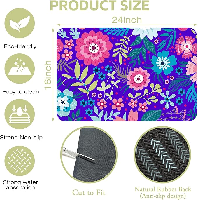 Kitchen Mat Colorful Flowers Leaves Dish Drying Mat 16"x24" Bsorbent Coffee Maker Mat for Sink Dishes or Under Rack Kitchen Counter Accessories Absorbent Hide Stain Rubber Backed Dish Drying Pad