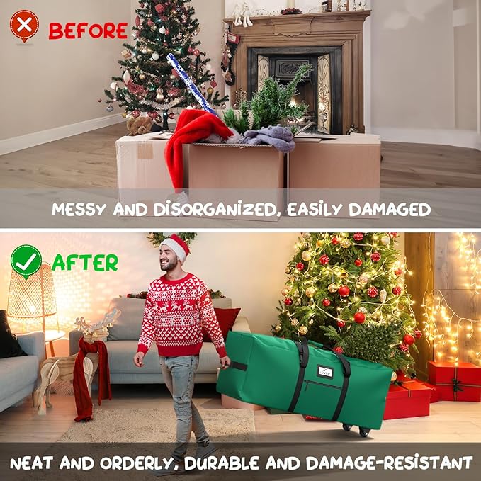 Mrrihand Christmas Tree Storage Bag, Large Artificial Anti-Tear Heavy-Duty 600D Oxford Cloth Xmax Christmas Tree Storage Box with Rolling Wheels, Christmas Tree Storage Container (Green, 7.5Ft)