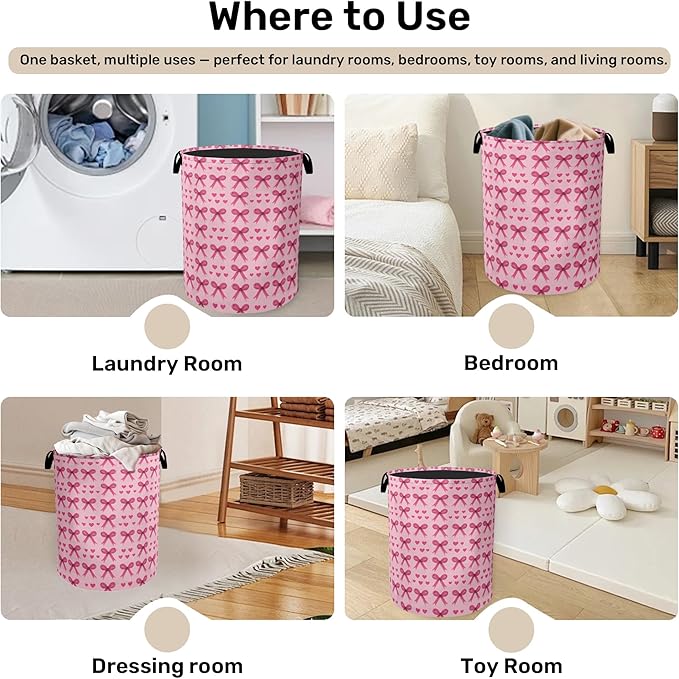 Pink Bow Laundry Hamper - Pink Laundry Basket with Handles, Space Saving Foldable Design for Nursery, Dirty Clothes Storage Basket for Women Girls
