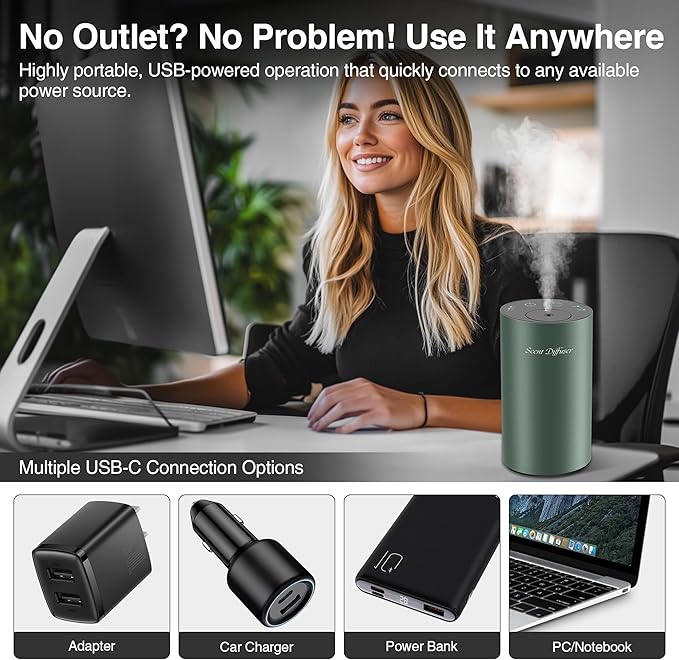 Waterless Essential Oil Diffuser Starter Kit - No Water Needed, Battery Operated Mini Scent Air Machine, Included 3x20ML Essential Oils, Portable Aromatherapy Diffuser for Home & Car & Office, Green