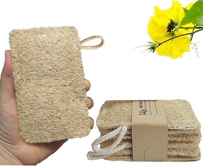 HONSVA Large Natural Dish Scrubber, Loofah Dishwashing Sponge (6 Pcs), No Scratch for Dish, Large Size 5.2"L*3.2"W, Loofah Plant Kitchen Eco-Scrubber, Zero Waste and Eco Friendly Sponges, Unbleached.