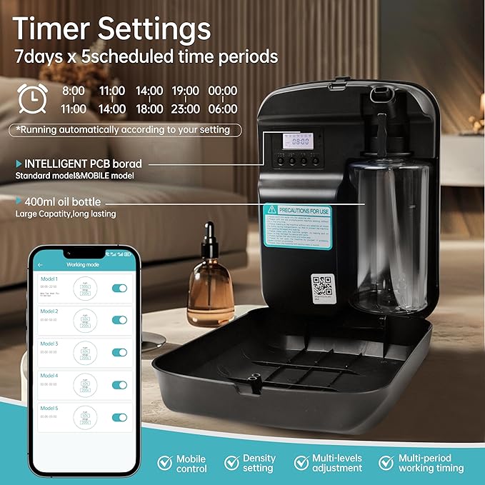 WiFi Smart Scent Air Machine for Home, App Control Waterless Essential Oil Diffuser, 1500 Sq.Ft Cold Air Diffusion System, 400ml Hotel Collection Diffuser for Large Room, Office (Black)
