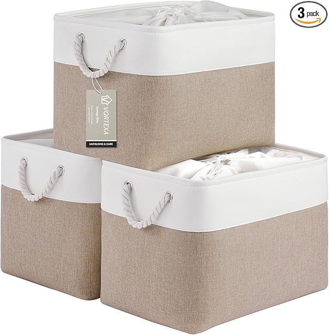 Large Storage Baskets- 16x12x12 inch Storage Bins for Shelves and Closet Organizing, Foldable Fabric Bin for Home Organization Clothes and Laundry (3-Pack, White&Khaki)
