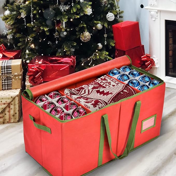 Holiday Cheer Premium Christmas Ornament Storage – Christmas Storage Container for Home Decorations and Festive Office Organizer – Fits 128 Holiday Ornaments – Tear-Proof Fabric