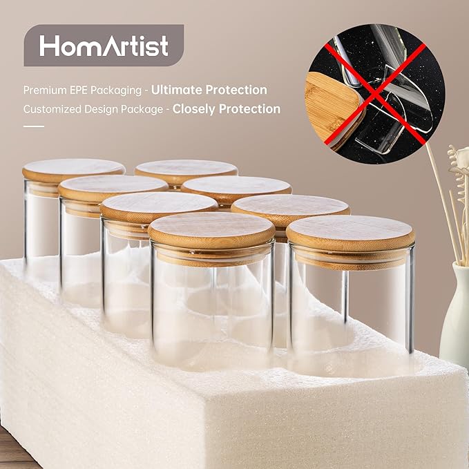 HomArtist 27oz - 4 Pack Square Glass Jars with Bamboo Lids, Glass Food Storage Containers with Airtight Lids for Kitchen, Air Tight Pantry Storage Containers