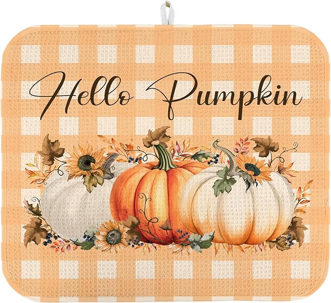 Quick Absorbent Kitchen Drying Mat - Stylish Patterns Fall Dish Drying Mat- 16×18 Inch & 18×24 Inch Pumpkin Kitchen Drainer Mat for Countertops, Dishes & Glassware