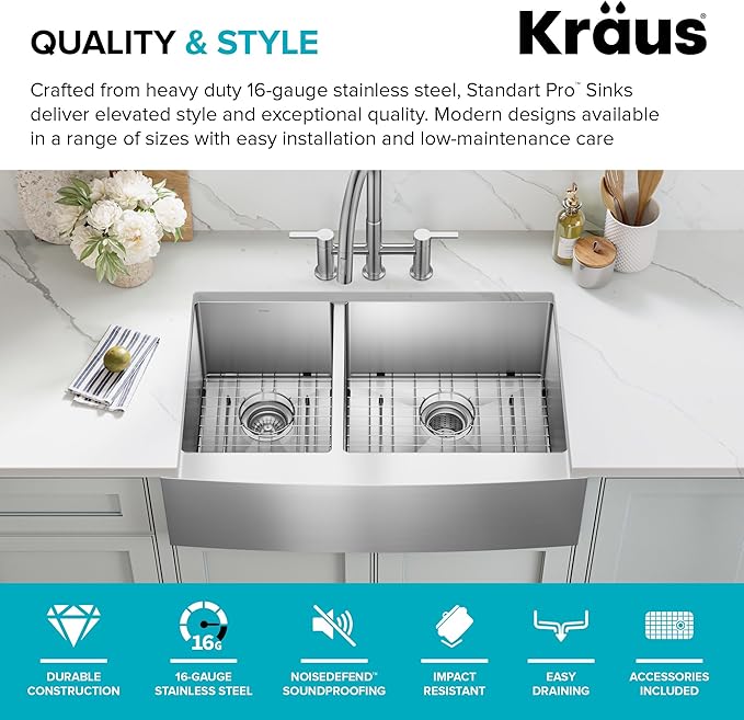 Kraus KHF204-33 Standart PRO Kitchen Stainless Steel Sink, 16 Gauge, 33" Undermount Round Apron 40/60 Double Bowl Kitchen Sink