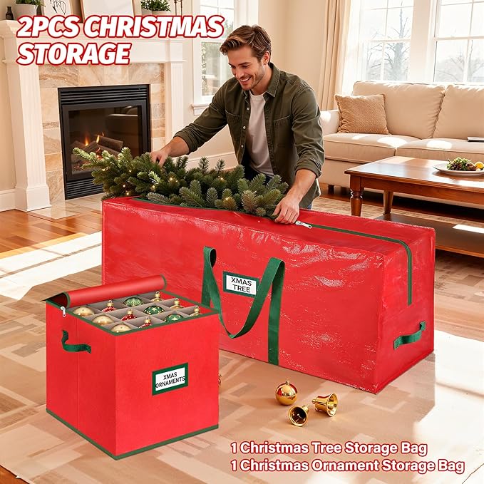 StorageRight Christmas Tree Bag & Ornament Storage Box Set, Water-Resistant 7.5 Ft Tree Storage & 64-Compartment Organizer with Dividers, Tag Pockets & Handles, Heavy-Duty Xmas Decor Containers, Red