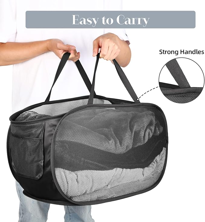 Durable Collapsible Laundry Baskets, Mesh Pop Up Laundry Hamper with Side Pocket, Foldable Clothes Storage Hamper with Reinforced Carry Handles for Laundry, Bathroom, Kids Room, Dorm or Travel Black