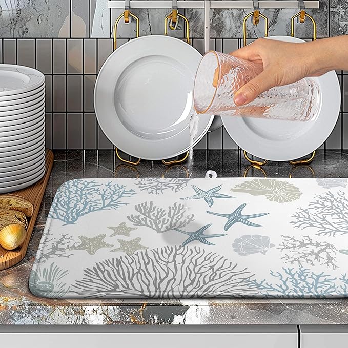 Wnoesat Coastal Dish Drying Mats for Kitchen Counter 18 x 24 Inch Summer Beach Drying Mat Coral Starfish Nautical Dish Rack Mat Ocean Themed Microfiber Absorbent Dish Drying Pad with Hanging Loop