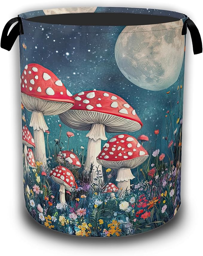 Groovy Mushroom Laundry Basket,Night Sky Moon Collapsible Laundry Hamper Waterproof Oxford Cloth With Handles, Clothes Storage Bucket Toy Organizer For Bathroom/Nursery/Bedroom 16" x 20.8"
