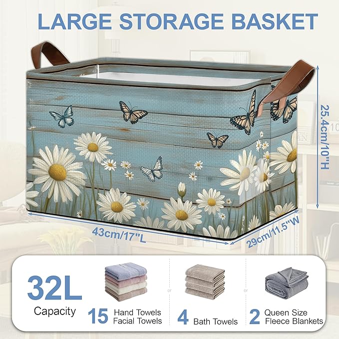 Vintage Daisy Wooden Storage Baskets,Butterfly Foldable Large Capacity Organizer Bins with Waterproof Lining and Leather Handles for Closet,Shelf,Bedroom 17x11.5x10Inch