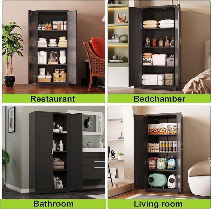 60" Kitchen Pantry Cabinet, Metal Storage Cabinet with Doors and Adjustable Shelves, Tall Steel Cabinets for Kitchen, Living Room, Dining Room, Assembly Required, Black