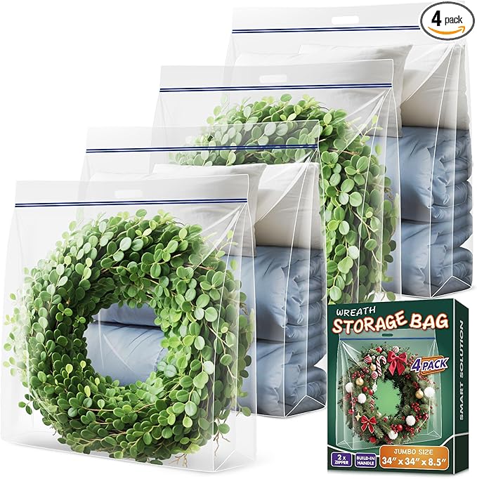 Extra Large Wreath Storage Bag, 34"x34"x8.5", Clear Storage Bag with Handle, Summer Christmas Decoration Garland Container for Seasonal Thanksgiving Holiday Artificial Wreath, 4 Pack