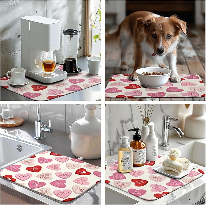 Wnoesat Valentine Love Heart Dish Drying Mat for Kitchen Counter 18x24 Inch Valentines Day Dish Mats Absorbent Microfiber Dish Draining Mat Reversible Dish Drying Rack Mat with Hanging Loop
