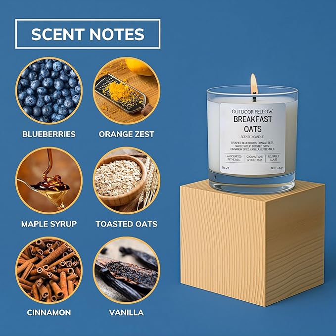 Outdoor Fellow Breakfast Oats Scented Candle – Vanilla, Maple & Cinnamon – Non Toxic Coconut Apricot Wax – Reusable Jar Candle – 8oz Fall Candle for Home