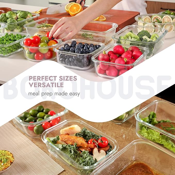 BOROHOUSE 10-Pack Glass Food Storage Containers with Tempered Lids – Borosilicate, Airtight, Oven-Safe (-4°F~950°F), BPA-Free, 4.4 & 1.6 Cup, Leak-Proof, Dishwasher Safe (Pink)