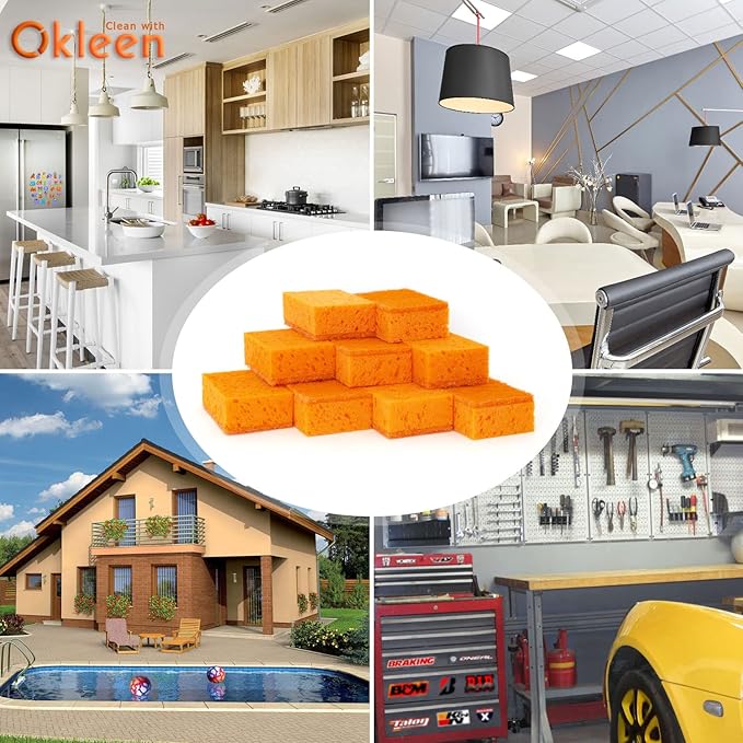 Okleen Orange Multi Use Scrub Sponge. Made in Europe. 18 Pack, 4.3x2.8x1.4 inches. Odorless Heavy Duty and Non Scratch Fiber. Durable and Delicate Scrubber for Oven and Stove, Bathroom and Basement
