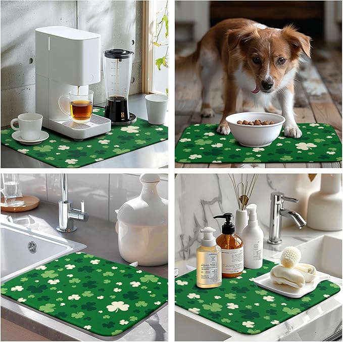 Wnoesat St.Patrick's Day Dish Drying Mat for Kitchen Counter Green Shamrock Drying Mats Spring Lucky Clovers Draining Pad Microfiber Absorben Dish Drainer Rack Mat Reusable Washable Dry Mat 16x18 Inch