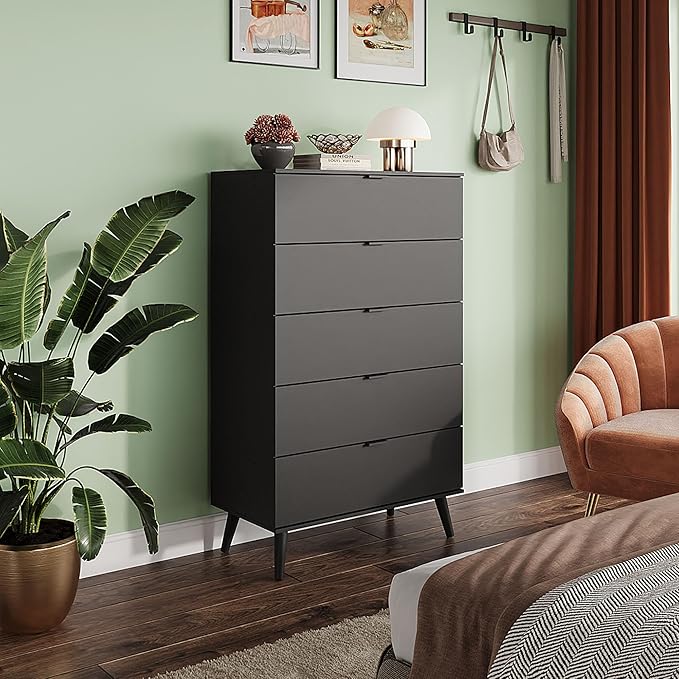 WLIVE 5 Drawer Dresser for Bedroom, Tall Wooden Dresser, Black Dressers Storage Organizer with Sturdy Metal Handle, Chest of Drawers for Living Room, Hallway, Closet