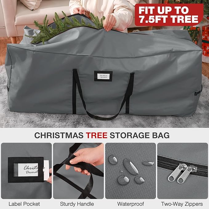 3 Pack Christmas Tree Storage Bag, for 7.5 Ft Artificial Trees up, Durable Waterproof With Reinforced Carrying Handles, Xmas Holiday Garland Bag Storage Case (7.5 Ft, Grey)